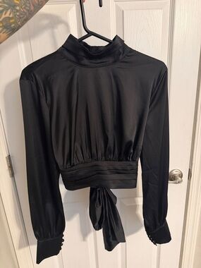 Black Satin High-Neck Tie-Back Blouse